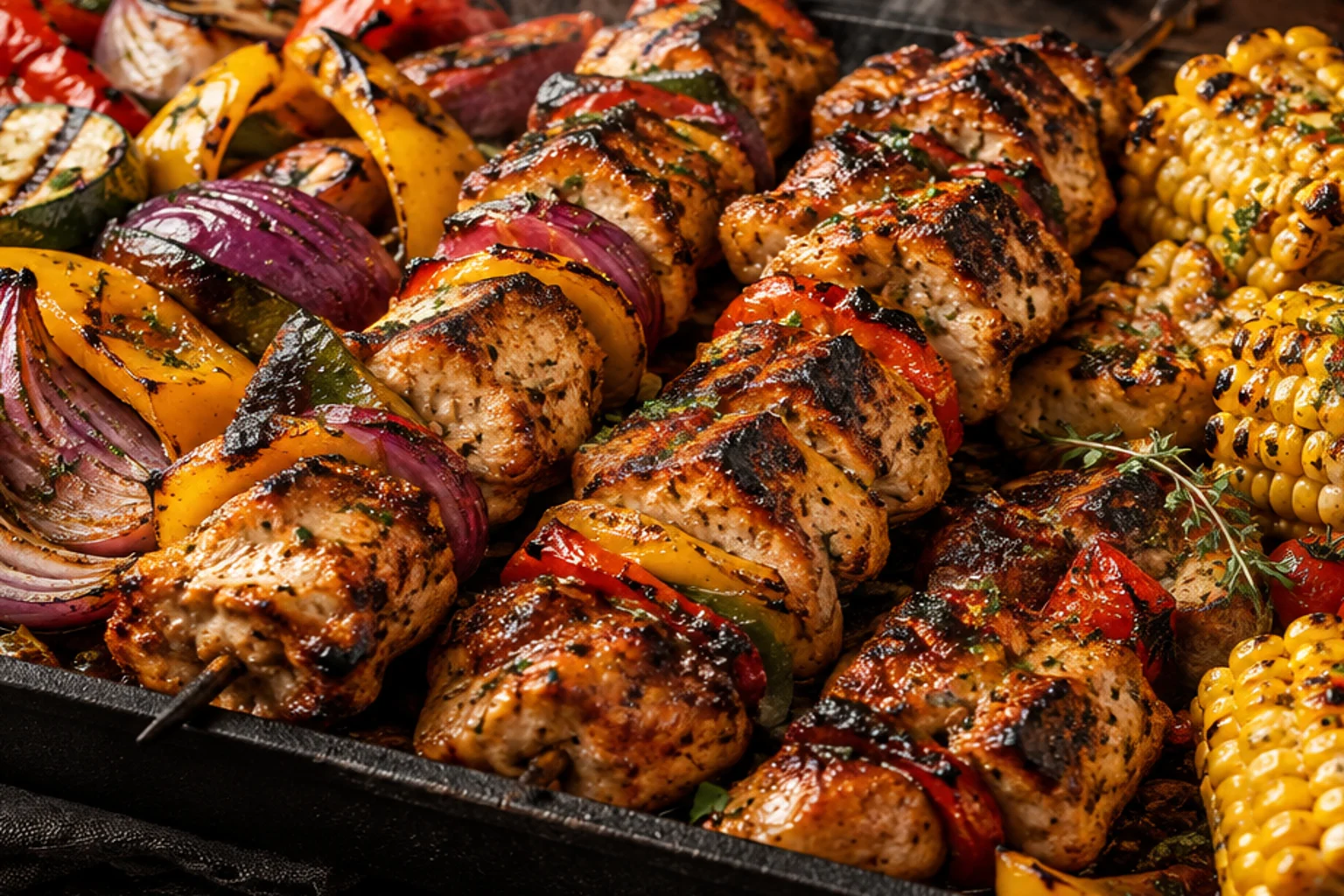 Ilustrasi hidangan BBQ dengan tusuk ayam, jagung dan sayuran panggang
